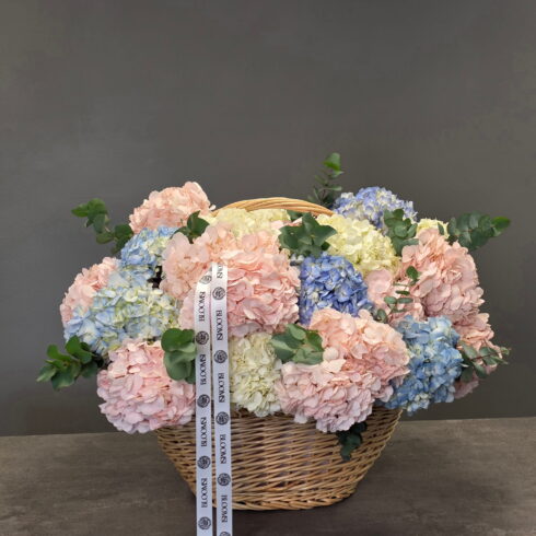 Luxury pastel hydrangea flower basket with 36 hydrangeas and eucalyptus by BLOOMSI