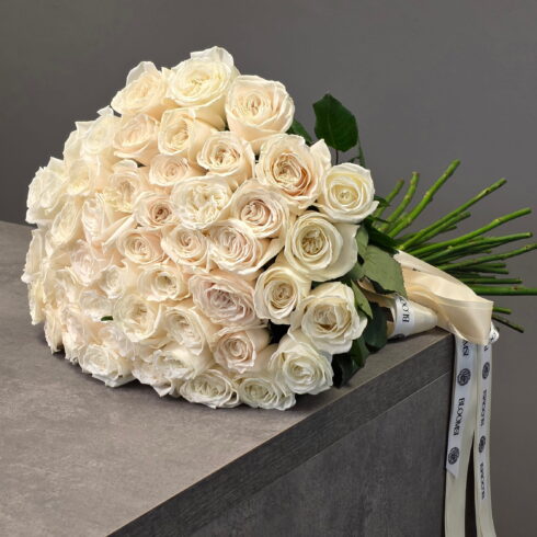 50 white roses luxury hand-tied bouquet by BLOOMSI Toronto