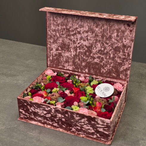 Luxury velvet floral gift box with roses and mixed blooms by BLOOMSI Canada