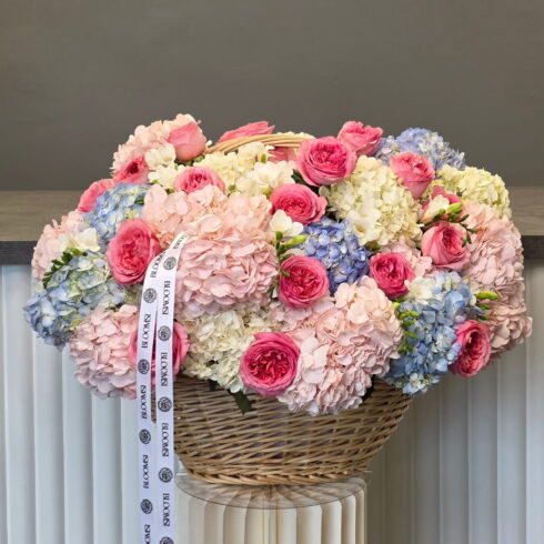Luxury hydrangea and pink rose basket arrangement, pastel designer flower basket