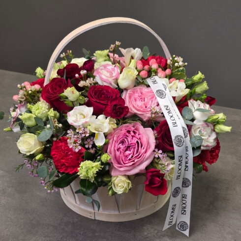 Luxury flower basket with pink and red roses by BLOOMSI Toronto