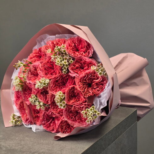 Luxury coral garden roses hand-tied bouquet with wax flowers by BLOOMSI Toronto GTA