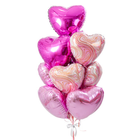 Pink heart helium foil balloons bouquet with marble pattern hearts, romantic balloon arrangement