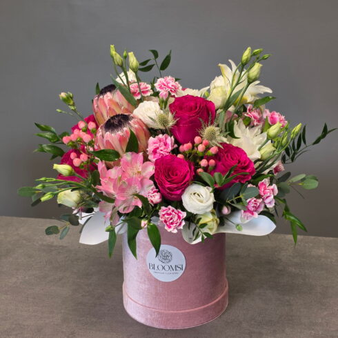 Luxury pink protea and roses flower box by BLOOMSI florist in Oakville and Mississauga