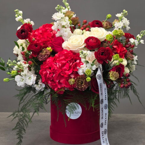 Luxury red and white hydrangea and roses flower box by BLOOMSI florist in Oakville and Mississauga