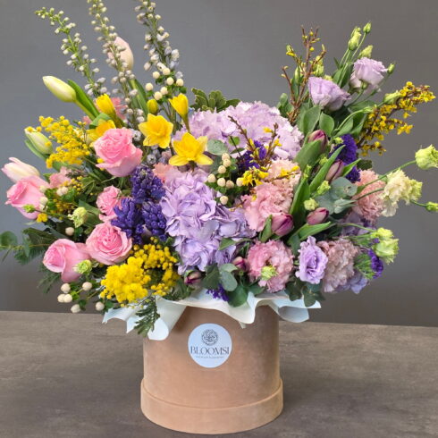 Luxury pastel spring flower box with hydrangea, tulips and roses by BLOOMSI florist in Oakville and Mississauga