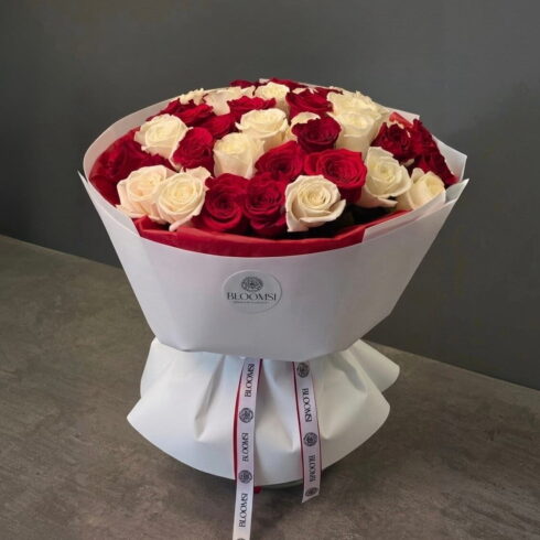 50 red and white roses bouquet BLOOMSI luxury flower arrangement Oakville Mississauga same day delivery